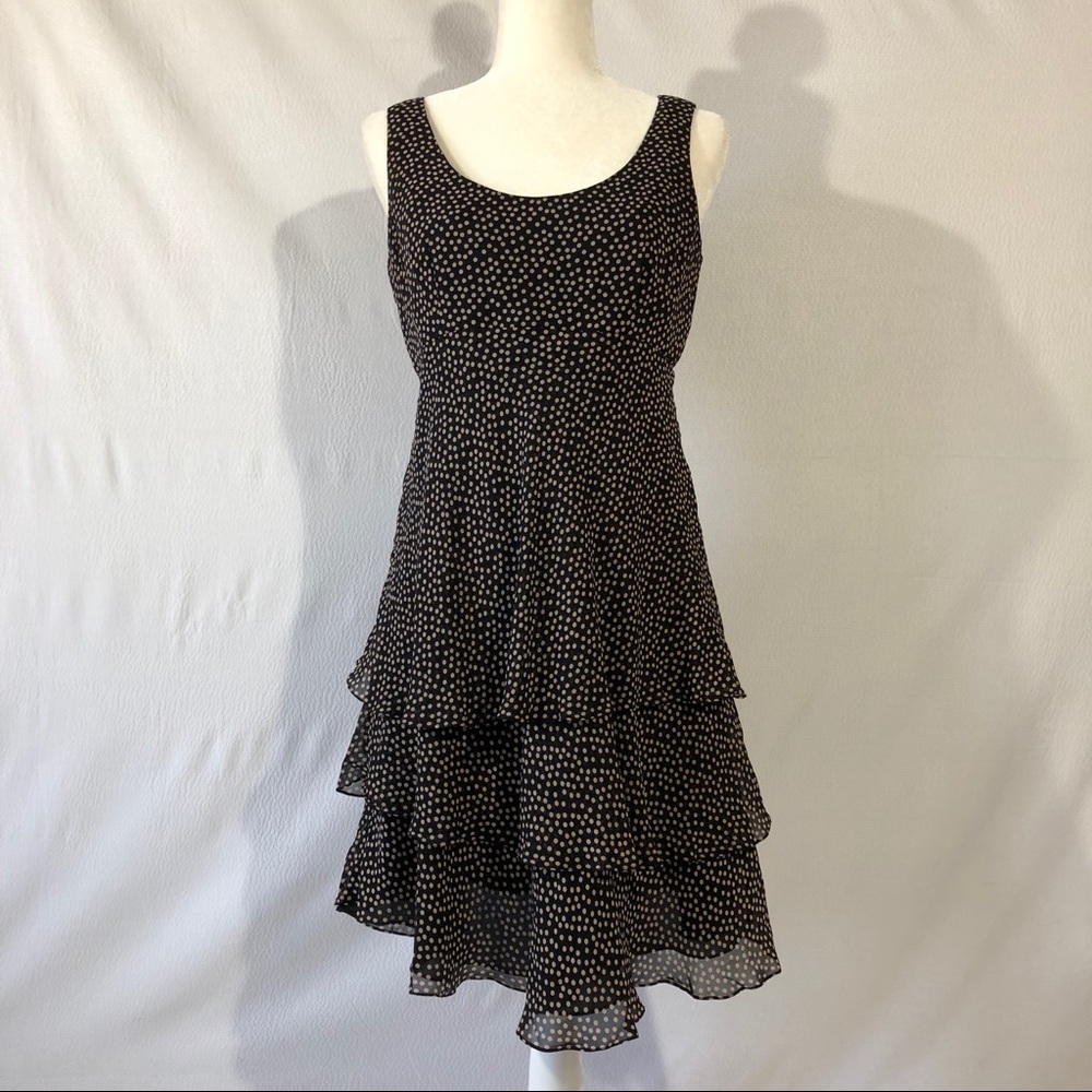 Kay Unger Black/Beige Polka Dot Tiered Silk Dress